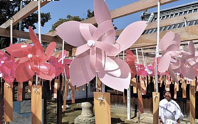 666 handmade cherry blossom pinwheels at Kagawa shrine bear visitors' hopes