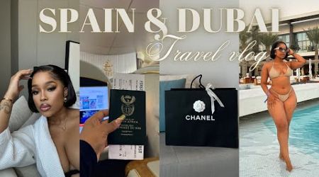 SPAIN &amp; DUBAI TRAVEL VLOG: Flying first class experience || shopping || skin care &amp; makeup