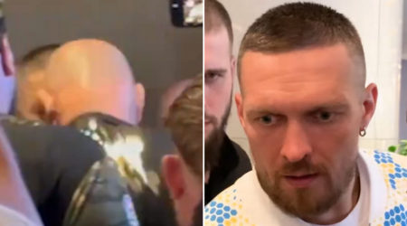 Oleksandr Usyk's priceless reaction to Tyson Fury's dad headbutting his friend
