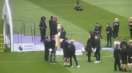 Arsenal rehearse Premier League trophy presentation in unlikely event of Man City collapse
