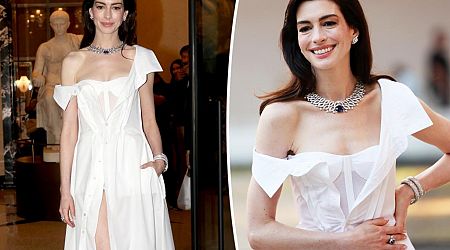 Anne Hathaway pairs Gap shirt dress with millions in Bulgari diamonds