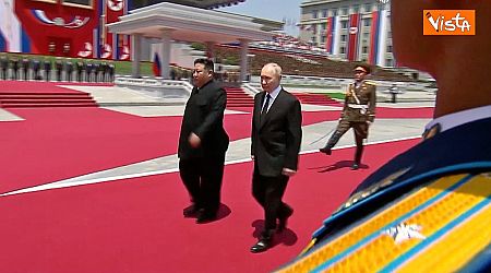 Corea del Nord, Kim Jong-un accoglie il presidente russo Putin in piazza Kim Il-sung: le immagini