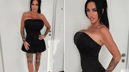 Katie Price poses in strapless dress as double-bankrupt star flogs fashion line from hospital room before 17th boob job