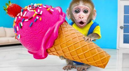 KiKi Monkey show World&#39;s Biggest Ice Cream Ever at swimming pool with Duckling | KUDO ANIMAL KIKI