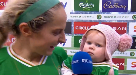 Baby Rosie steals the show during RTE interview with her mother Julie-Ann Russell after Ireland's win over France