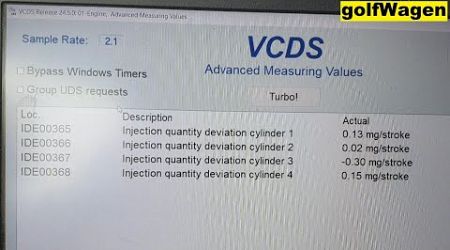 VW Passat B8 2.0TDI Injection quantity deviation /idle stabilization check/ injector