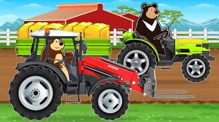 Farm Works: Tractor Work on a field and Picking Up Straw Bales | Farm Vehicles Animated