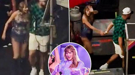 Travis Kelce can't keep hands off Taylor Swift leaving Germany Eras Tour show