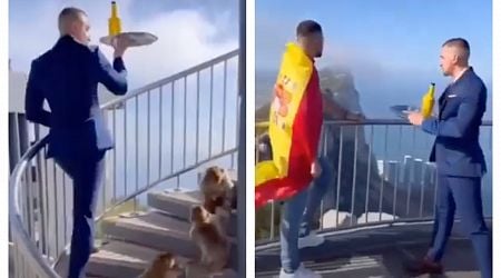 Watch: Spaniards mock Gibraltar in viral video as famous TikTok waiter serves man draped in a Spanish flag atop the Rock