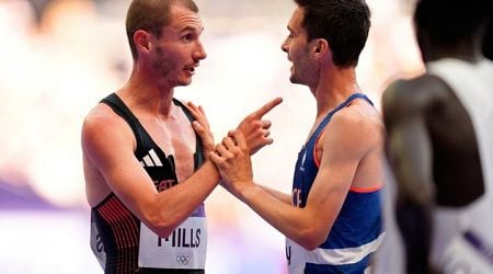 George Mills, son of former Leeds footballer Danny, clashes with French rival after collision during 5,000m heat