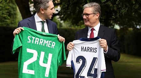 Taoiseach Simon Harris and UK Prime Minister Keir Starmer swap football jerseys as leaders hold meeting before big match