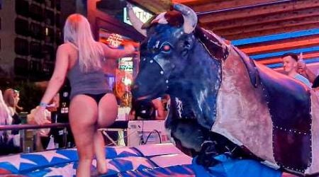 Benidorm Bull Ride Fail: Pretty Girl On Mechanical Bull. SPAIN 4K. September 2024