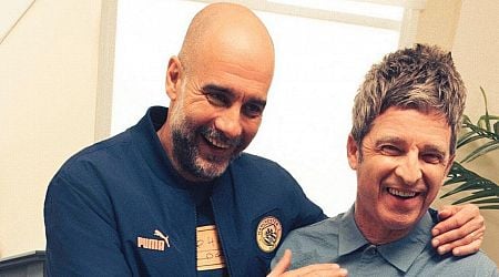 Oasis' Noel Gallagher jokes with Pep Guardiola after designing Manchester City's new kit