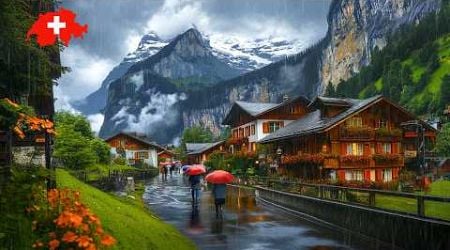 Switzerland&#39;s Rainy Day in Wengen and Lauterbrunnen: Walking in the Rain - Heavy Rain 4K