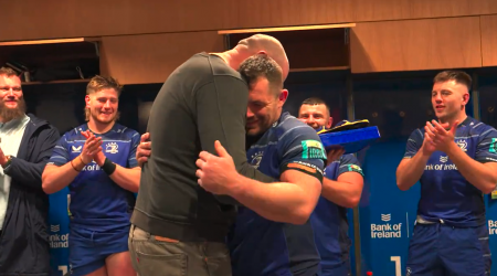 Cian Healy and Devin Toner embrace after record-breaking Leinster appearance