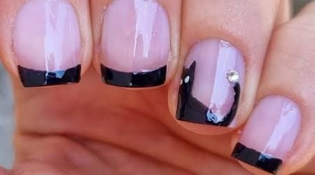 Halloween French Manicure | Black French Nails With Black Cat Nail Art