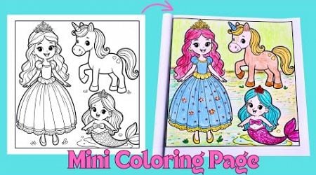 Unicorn, Princess &amp; Mermaid Coloring Page | Mini Coloring Book For Kids | Coloring Fun for Children