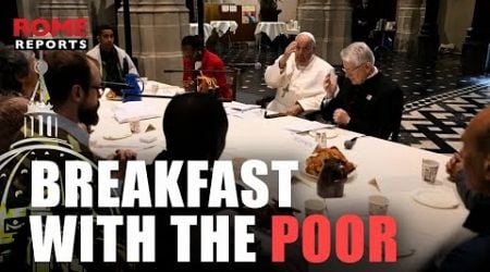 Pope shares breakfast with the poor inside a Belgian church