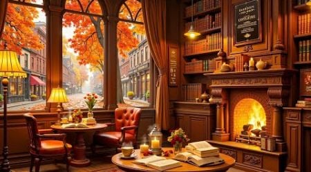 Autumn with Jazz &amp; Crackling Fireplace ~ Warm jazz music at small corner of coffee shop for relaxing