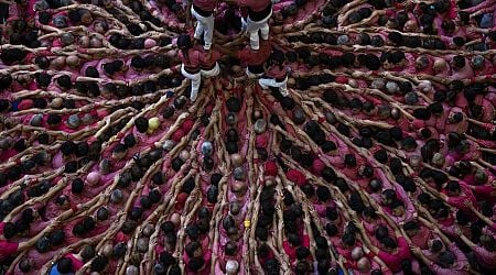 An AP photographer gets the light just right from a perch up high above a human tower competition