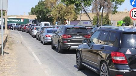 Heavy traffic of truck near Danube Bridge at the border with Romania