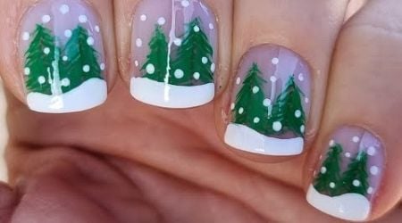 Snowy Winter French Nails With Fir Tree Nail Art | Easy Festive Nails Idea