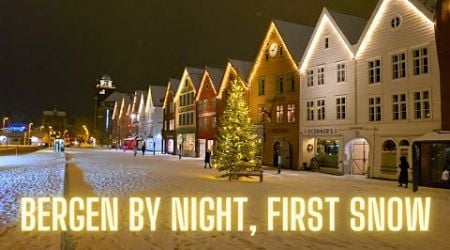 Magical first night with snow, walking tour in Bergen Norway