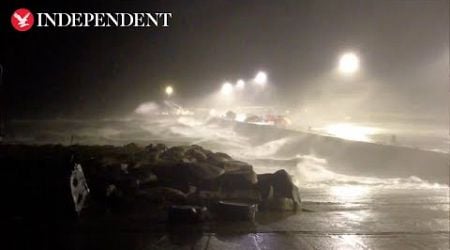 Storm Darragh makes landfall in Ireland as 90mph winds batter seafront