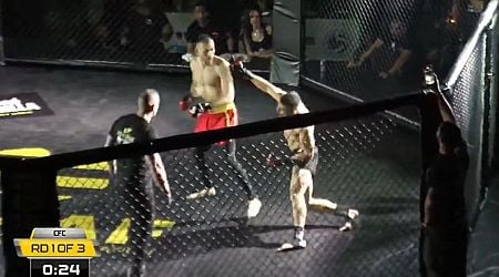 Missed Fists: Stefanos Stamatiou spinning backfist knockout absolutely freezes opponent