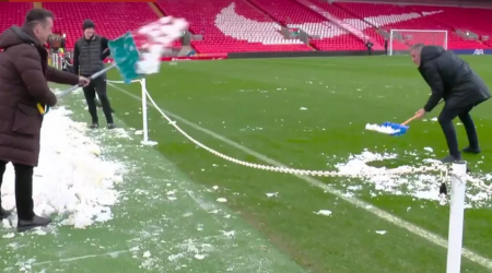 Gary Neville hilariously shovels snow back onto Anfield pitch ahead of Manchester United v Liverpool