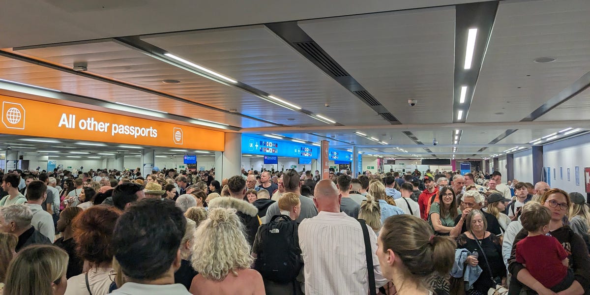 Passengers were stuck for hours in sweaty, stifling corridors at Britain's busiest airports as passport systems crashed
