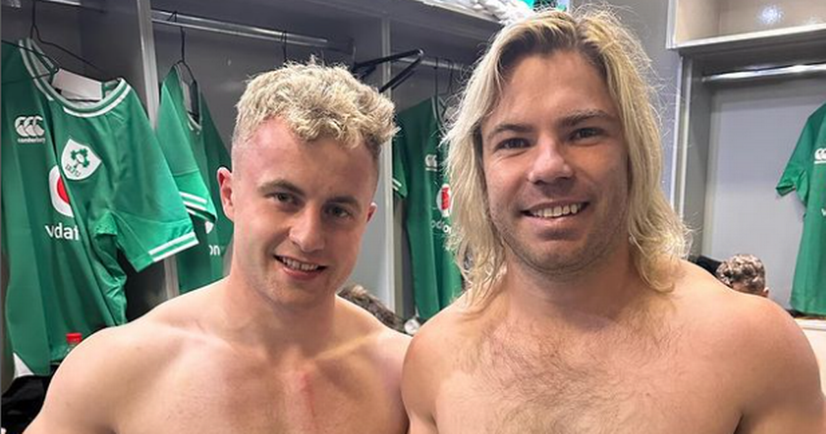 Craig Casey all smiles with Faf de Klerk in dressing room after South Africa game after being stretchered off injured