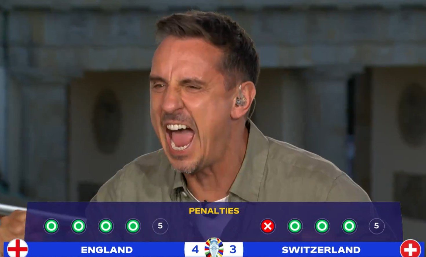 Gary Neville forced to stop himself swearing live on air after England shootout win over Switzerland