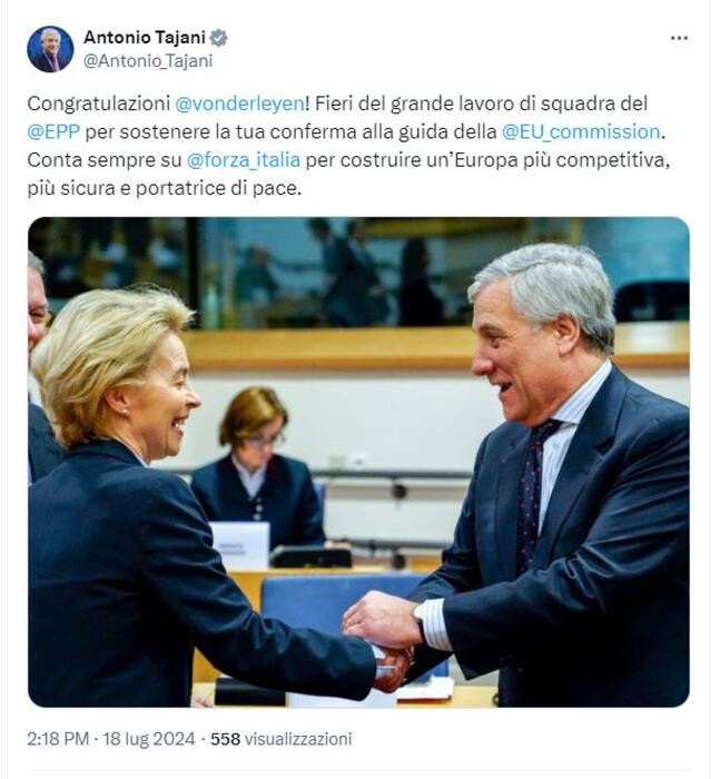 Tajani congratulates von der Leyen