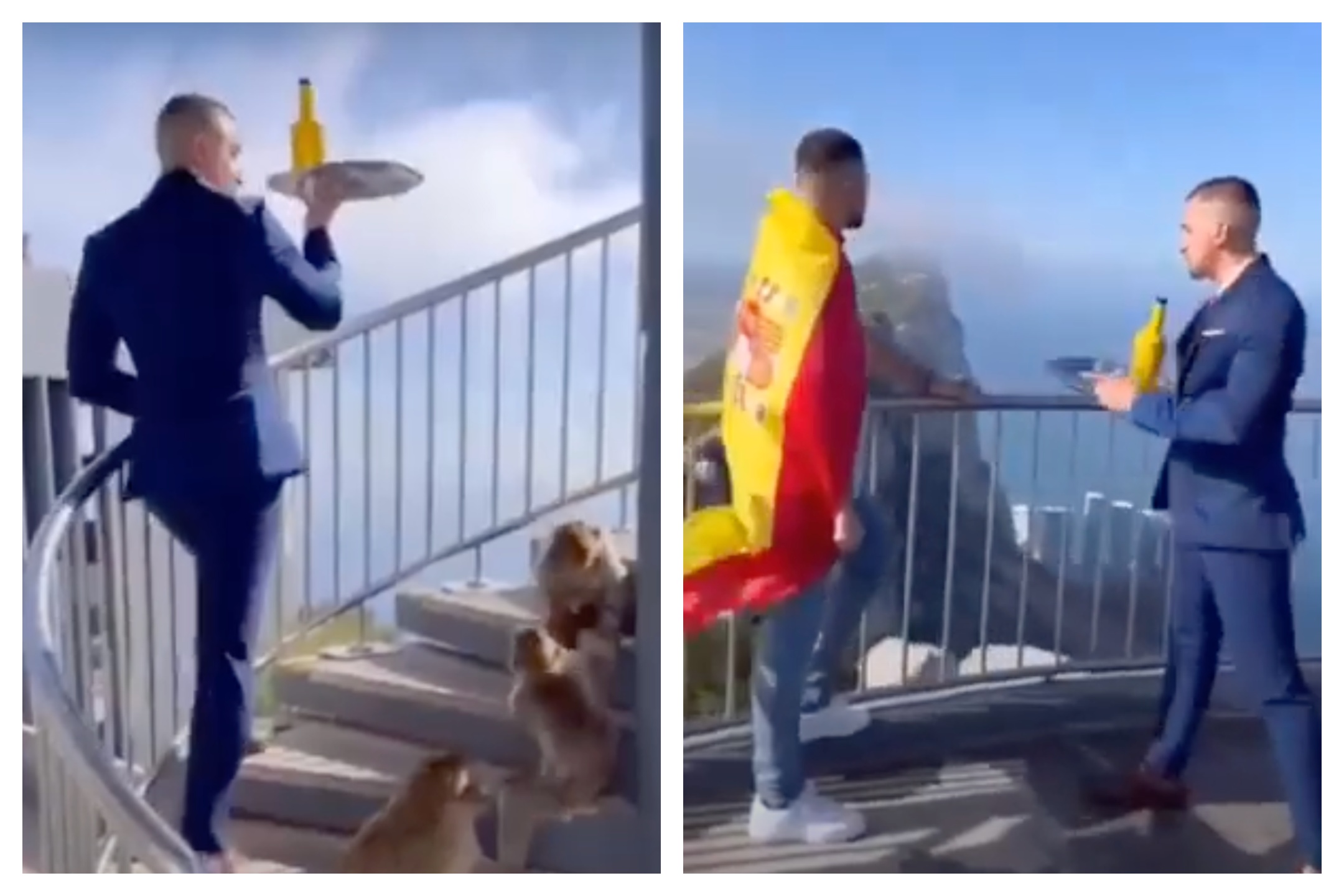 Watch: Spaniards mock Gibraltar in viral video as famous TikTok waiter serves man draped in a Spanish flag atop the Rock