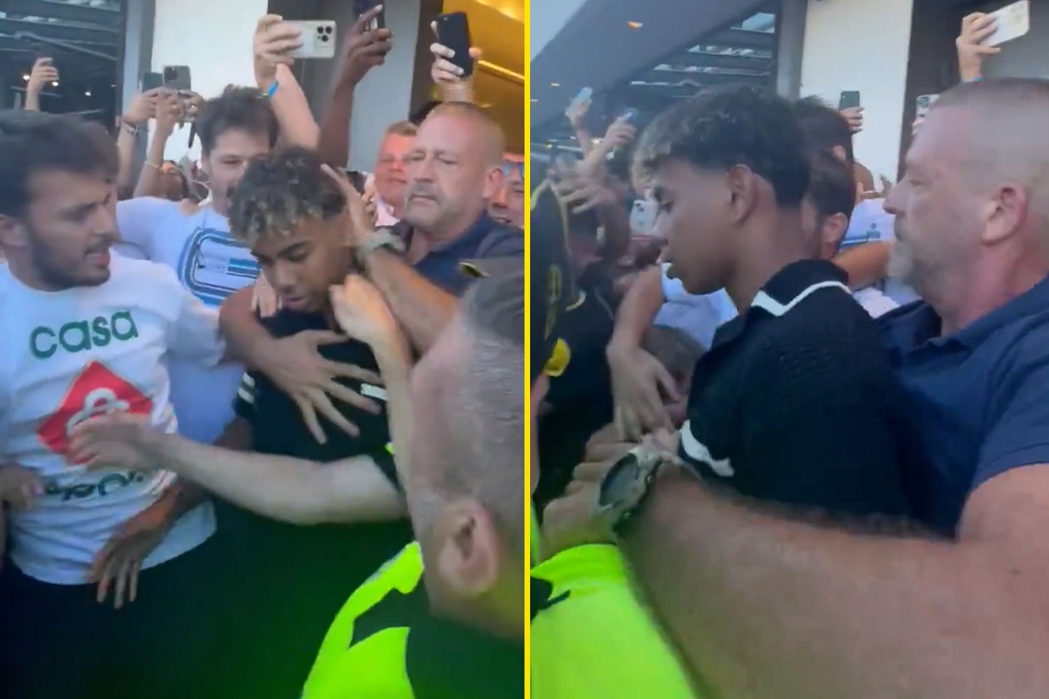 Security struggle to keep fans back as Lamine Yamal is mobbed at airport in Spain