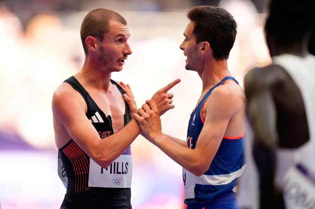 George Mills, son of former Leeds footballer Danny, clashes with French rival after collision during 5,000m heat