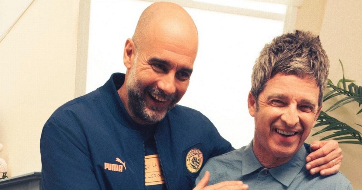 Oasis' Noel Gallagher jokes with Pep Guardiola after designing Manchester City's new kit