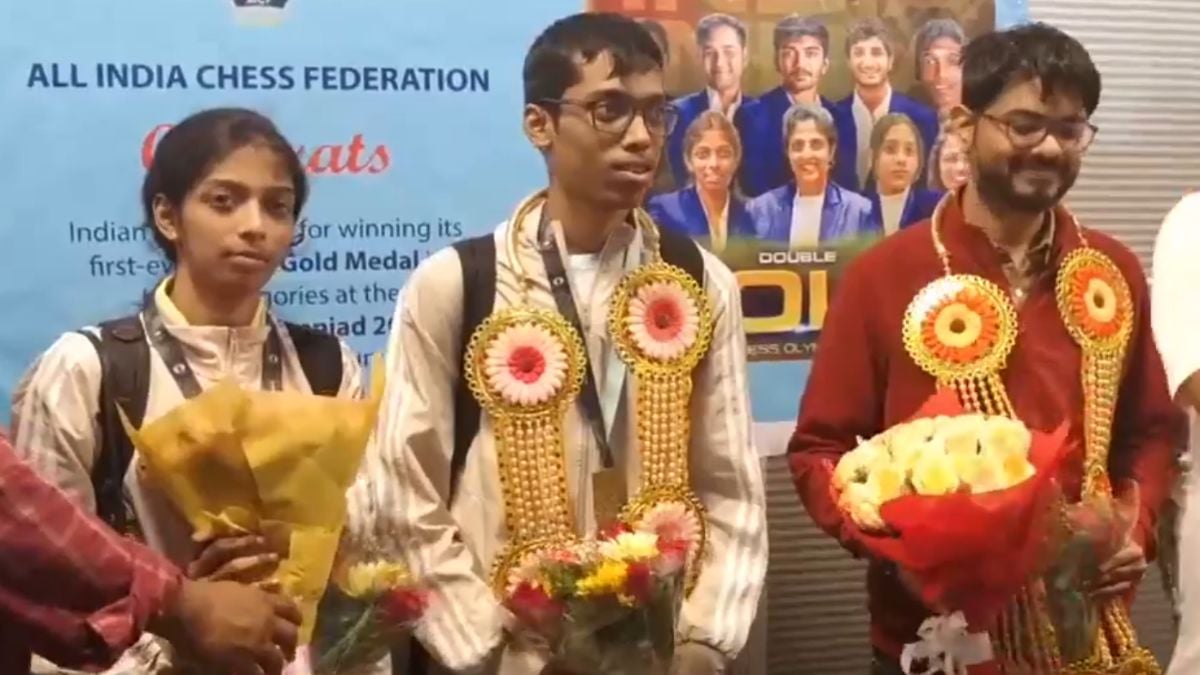 R Praggnanandhaa and his sister, gold medallists at Chess Olympiad, receive warm welcome at Chennai airport