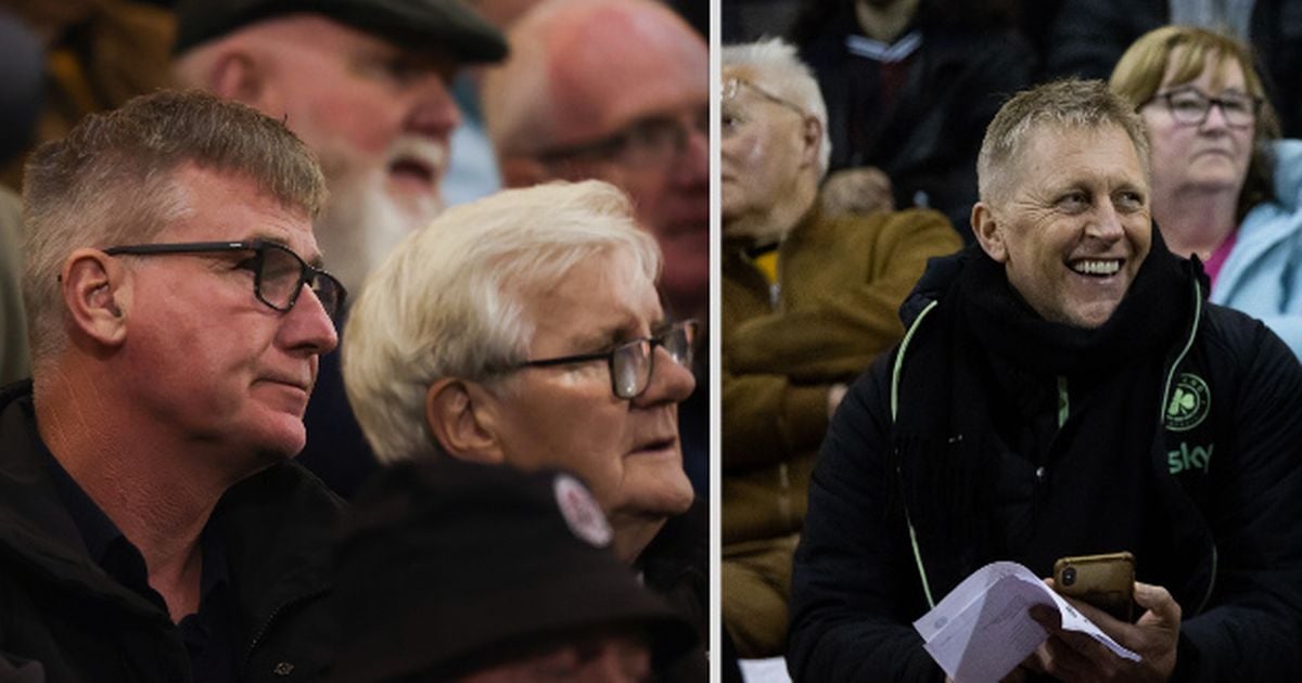 Stephen Kenny, Heimir Hallgrimsson and John O'Shea sit awkwardly close to each other at FAI Cup game