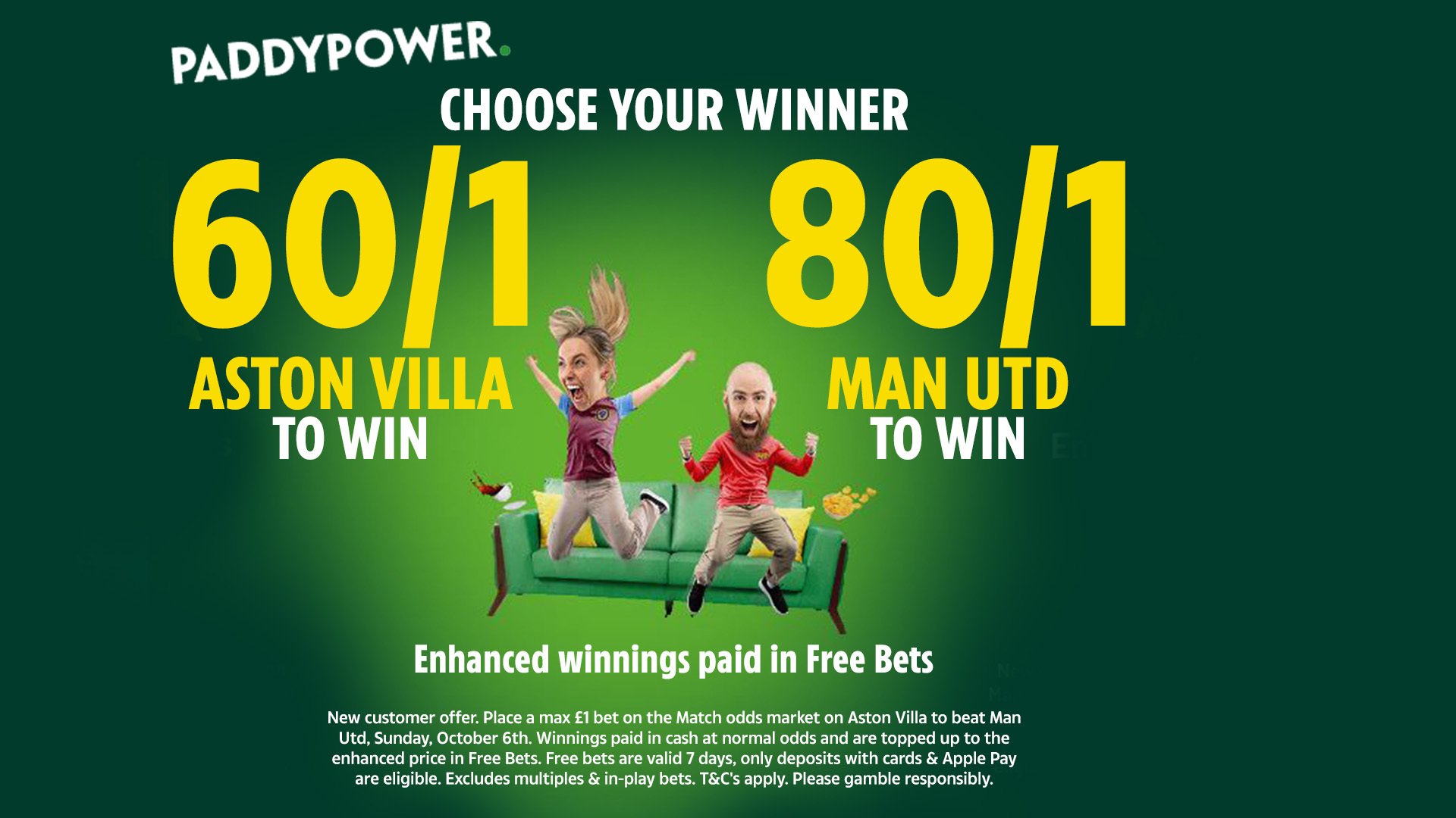 Aston Villa vs Man Utd betting offer: Get Villa at 60/1 or United 80/1 with Paddy Power offer