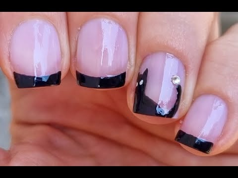 Halloween French Manicure | Black French Nails With Black Cat Nail Art