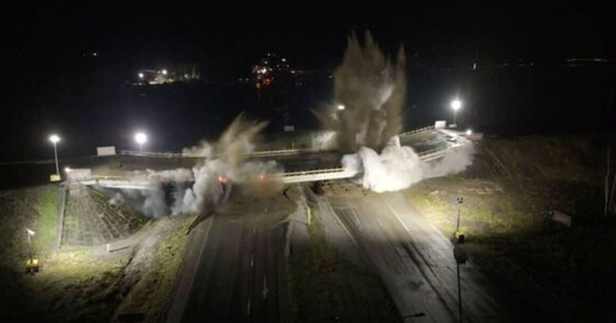 Insane moment British troops blow up highway bridge in warning to Putin...