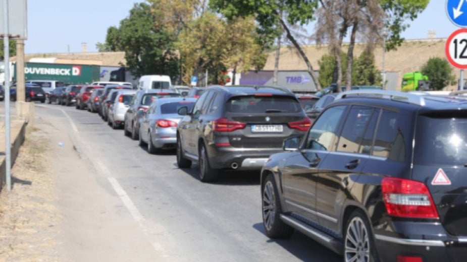 Heavy traffic of truck near Danube Bridge at the border with Romania