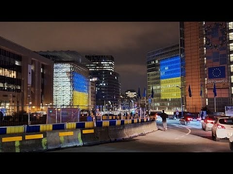 Brussels turns blue and yellow as Ukraine war reaches 1,000 days