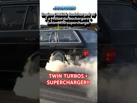 DualCharged Diesel Merc w123 evo2 BURNOUTS! #jamboolio #burnouts #supercharged #twinturbo #mercedes