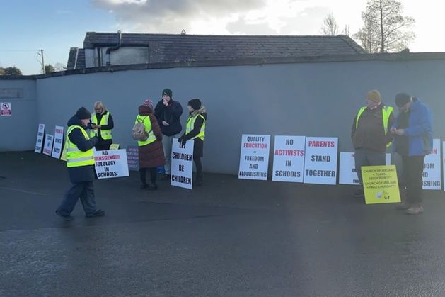 Enoch Burke supporters call for his release from jail during protest at former school