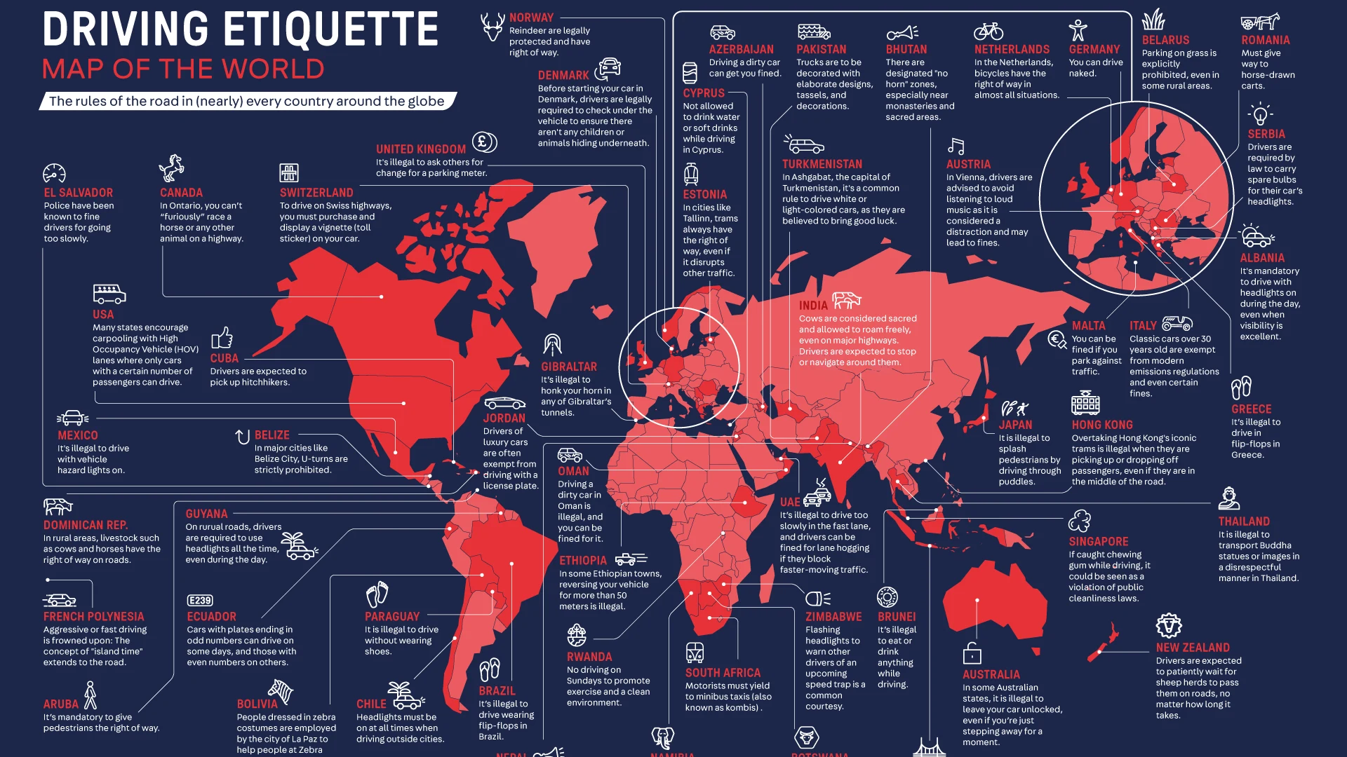 Map Shows How Driving Etiquette Differs Around the World