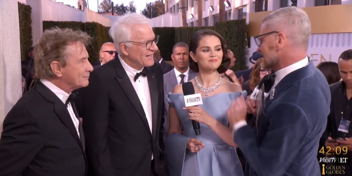 Selena Gomez Channels an Old Hollywood Cinderella in a Blue Prada Gown at the 2025 Golden Globes